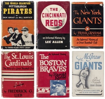 Collection of (6) Single & Multi-Signed Books Featuring The Pittsburgh Pirates, Cincinnati Reds, New York Giants, St. Louis Cardinals & Boston Braves With Signatures of Groat, Irvin, Dark & Sain (PSA)